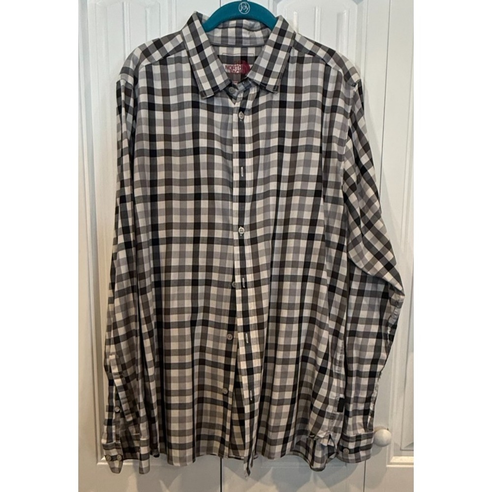 The North Face Men's L Plaid Button Up Shirt Long Sleeve Black Gray White Cotton